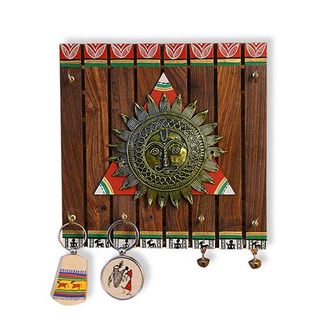 ExclusiveLane The Sun Centre Warli Hand Painted Teak Wood Key Holder