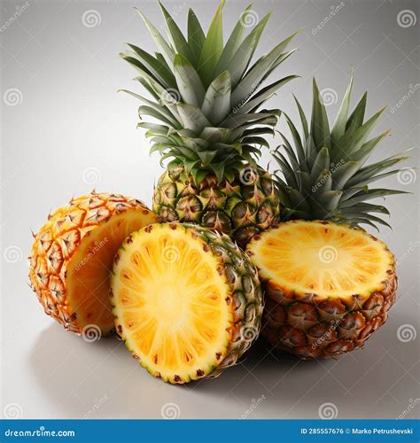 Pineapple Half And Whole With Leaves Isolated On White Background Stock Illustration