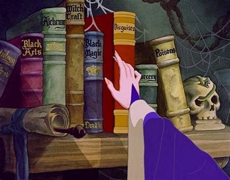 A Painting Of A Person Reaching For Books On A Shelf With Skulls And Spider Webs