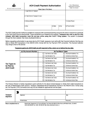 Fillable Online Ci Westminster Co Ach Credit Payment Authorization