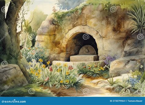 Watercolor Illustration of the Empty Tomb Carved Out of Rock in a Beautiful Garden Stock ...