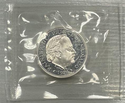 Mónaco 5 Francs 1974 Rainier Iii Piéfort En Argent Dans Son étui Plastique D Origine Scellé