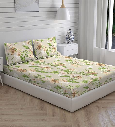 Buy Beige Floral 104 Tc Cotton Queen Sized Bed Sheets With 2 Pillow