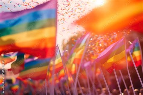 AI Generated Closeup Rainbow Flags Of LGBT Community Blowing In Wind At Street Of Gay Parade