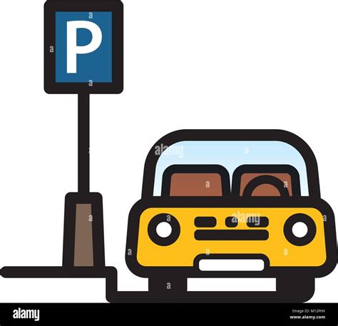 Yellow Passenger Car Parked At Street Side Parking Place Linear Vector Illustration With