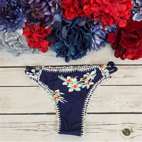 Swim Sexy Boho Navy Blue Floral Triangle Bikini With Shells Poshmark