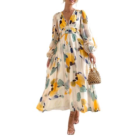 Wassery Women Floral Puff Sleeve Maxi Dress Bohemian V Neck Tiered Long Dress Layered Swing