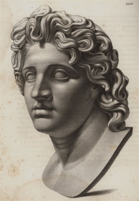 An Old Drawing Of A Bust Of A Man With Curly Hair And Eyes Closed To