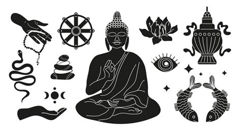 Premium Vector | Symbols of Thai Theravada Buddhism Black and white set ...