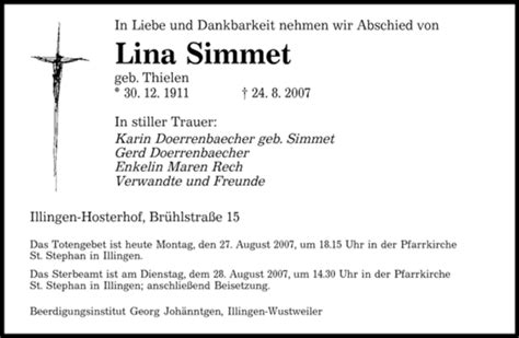 Traueranzeigen Von Lina Simmet Saarbruecker Zeitung Trauer De