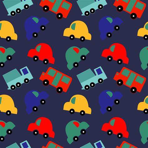 Flat Style Cartoon Car Seamless Vector Pattern Isolated On Navy Blue