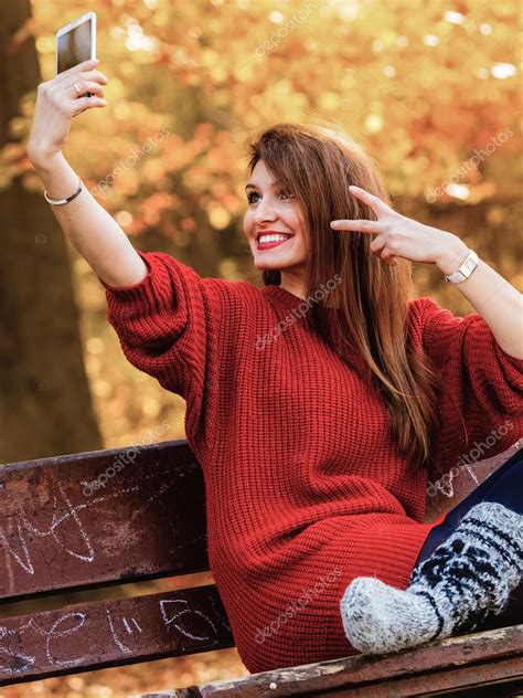 Girl Taking Self Picture Selfie With Smartphone Camera Outdoors Stock