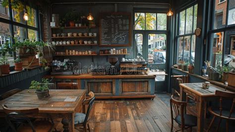 Cafe Interior Design, Rustic Coffee Shop with Wooden Tables, Chairs ...