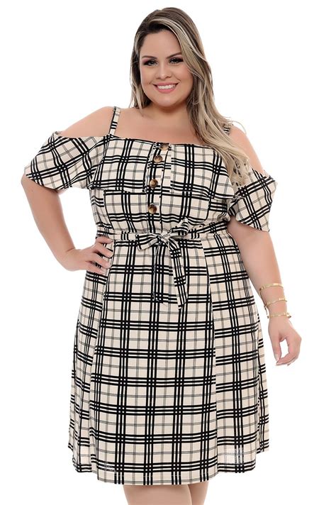 Vestido Plus Size Linho Xadrez Vk Moda Plus Size