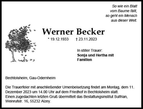 Traueranzeigen Von Werner Becker Vrm Trauer De