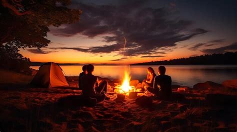 Premium AI Image | Night summer camping on lake shore Group