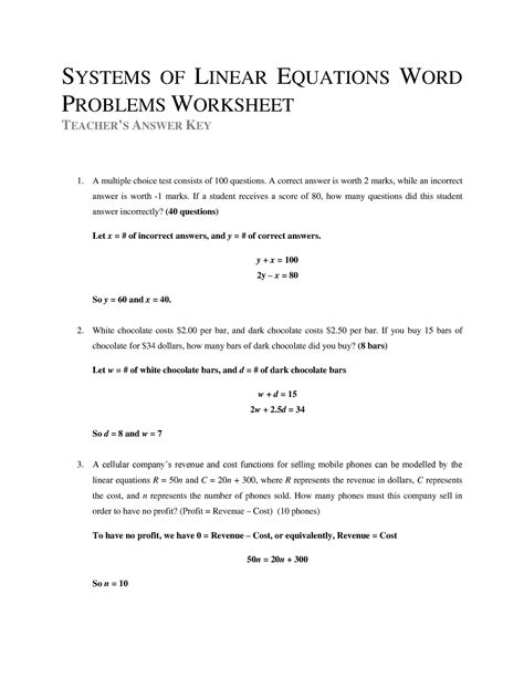 Systems Of Linear Equations Word Problems Worksheet Answers