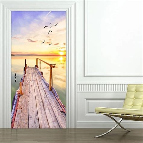 Ocean Beach Door Stickers Shiny Sunshine Blue Sky Mural Decal Sea