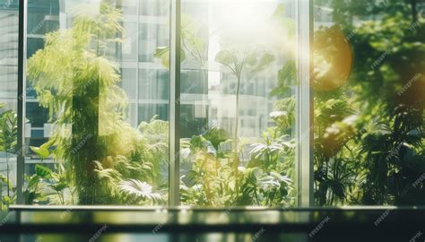 Premium Photo | Window inside the office full of plants and sunlight