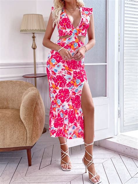 Floral Print Cut Out Split Thigh Ruffle Hem Dress Shein Usa