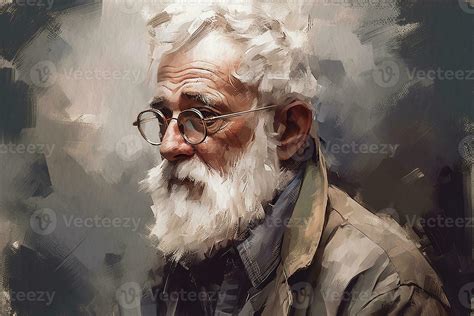 Older Man With Gray Hair And Beard Portrait Painted In Watercolor On