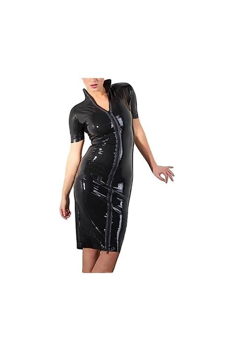 Antiy Mini Robe Noire Sexy En Latex Avec Manches Courtes Et Fermetu