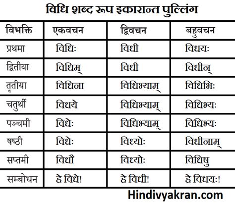 विधि शब्द रूप संस्कृत में Vidhi Shabd Roop In Sanskrit Hindivyakran