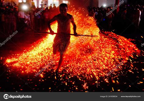 Local Chinese Man Runs Barefoot Burning Ambers Traditional Firewalking