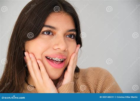 Portrait Of A Latin Female Teenager With Braces Stock Image Image Of Cheerful Brackets