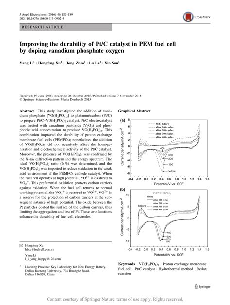 Improving The Durability Of Pt C Catalyst In Pem Fuel Cell By Doping Vanadium Phosphate Oxygen