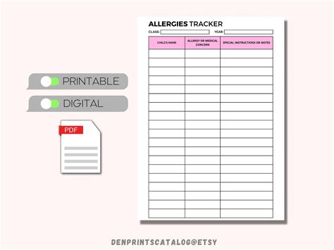 Daycare Allergy Tracker Printable Chart Allergy Events Symptoms And Severity Of Allergic