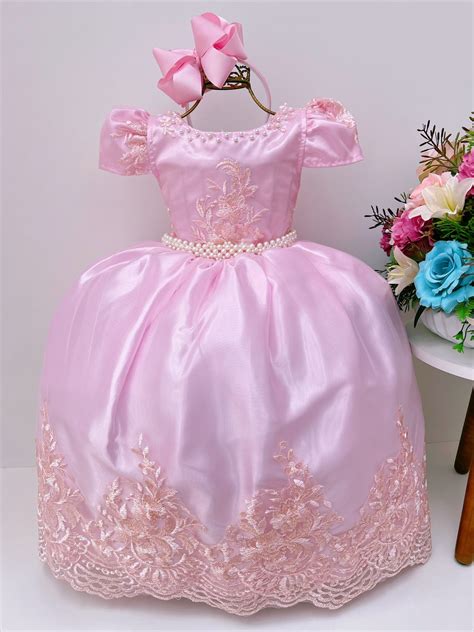 Vestido Infantil Rosa Luxo Pérola Rendado Casamento Damas Rosa