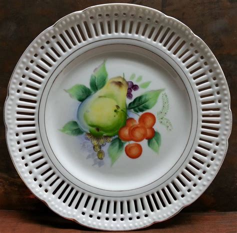 Vintage Reticulated Porcelain Plate Hand Painted Fruit D By