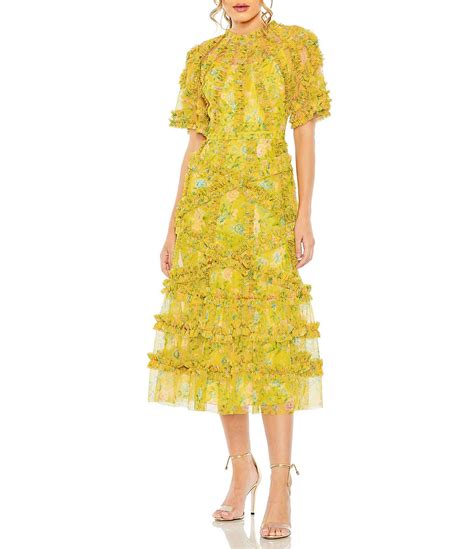 Mac Duggal Floral Print Ruffle Embellished Short Flutter Sleeve Crew