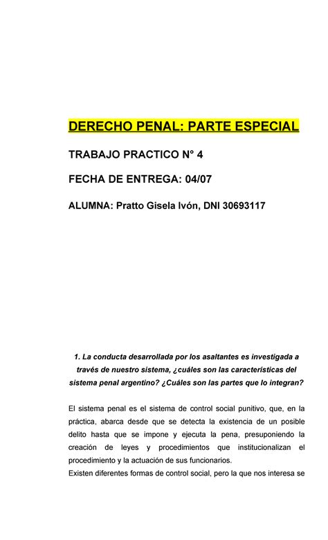 Derecho Penal Ii Trabajo Practico N Derecho Penal Parte Especial