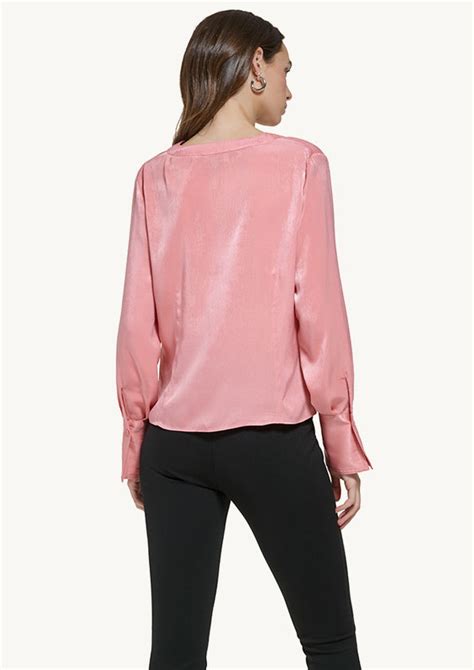 Long Sleeve Split Neck Blouse With Front Pleat Underline