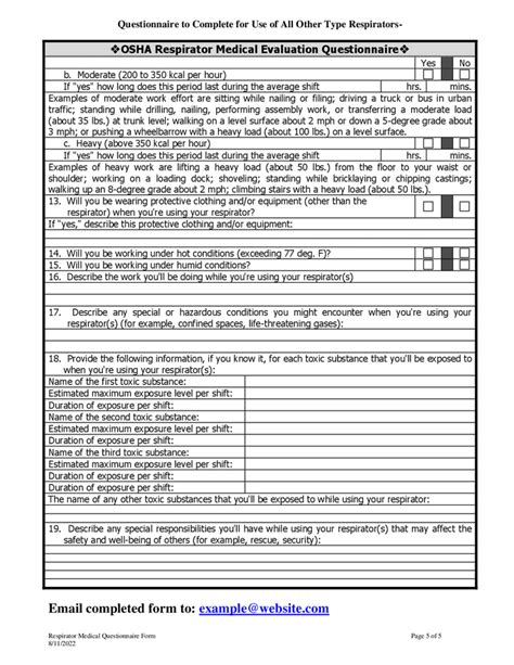 Respirator Medical Evaluation Questionnaire In Word And Pdf Formats