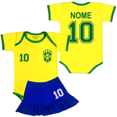 Conjunto Menina Copa do Mundo 2022 Brasil 2 peças Nome do Bebê