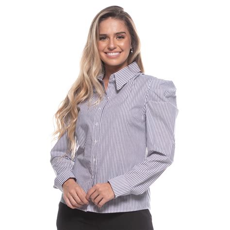 Camisa O Feminina Listrada Algod O Manga Bufante Marinho Teodoro