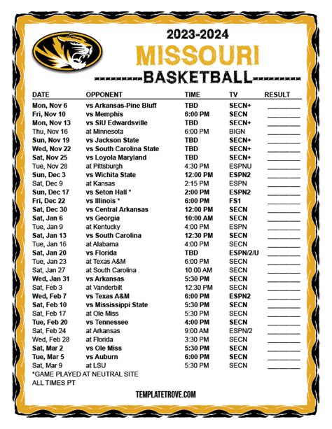 Printable 2023-2024 Missouri Tigers Basketball Schedule