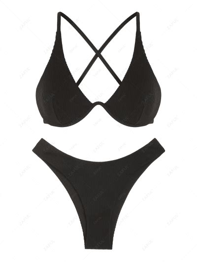 Zaful Cut Out Criss Cross Textured Swimwear Tanga Bikini Set In Black