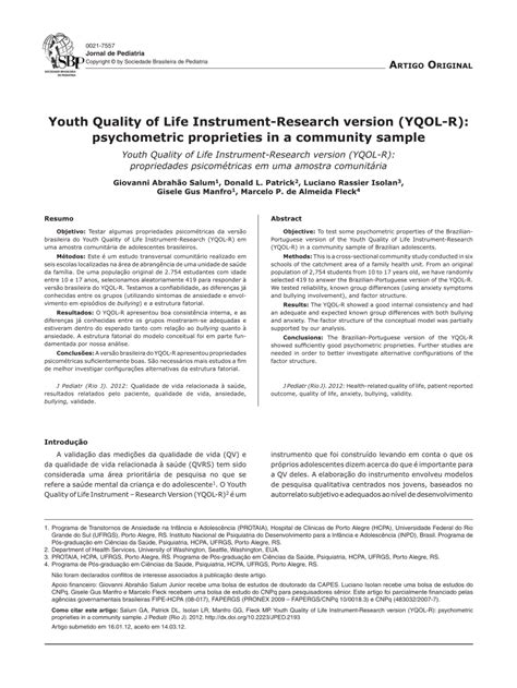 Pdf Youth Quality Of Life Instrument Research Version Yqol R