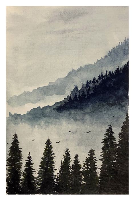 Original Watercolor Painting Foggy Mountains