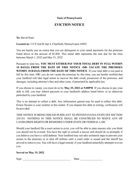 Eviction Notice Examples State Of Pennsylvania Eviction Notice To