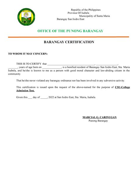 Barangay Certification Republic Of The Philippines Province Of Isabela Municipality Of Santa