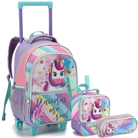 Kit Mochila Rodinha Estojo Duplo Lancheira Térmica Unicórnio Infantil