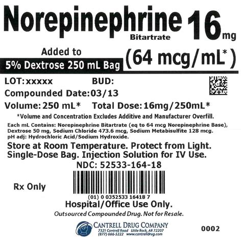 Norepinephrine Bitartrate 16 mg Added to 5% Dextrose 250 mL Bag