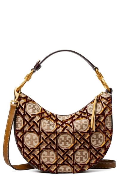 Tory Burch T Monogram Fil Coupé Crescent Shoulder Bag In Hazelnutbrass Modesens