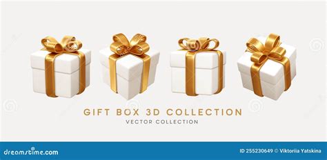 2023 3d Realistic White Gift Boxes With Gold Ribbon Gift Bow Set