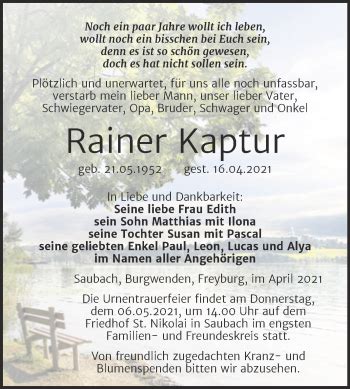 Traueranzeigen Von Rainer Kaptur Abschied Nehmen De